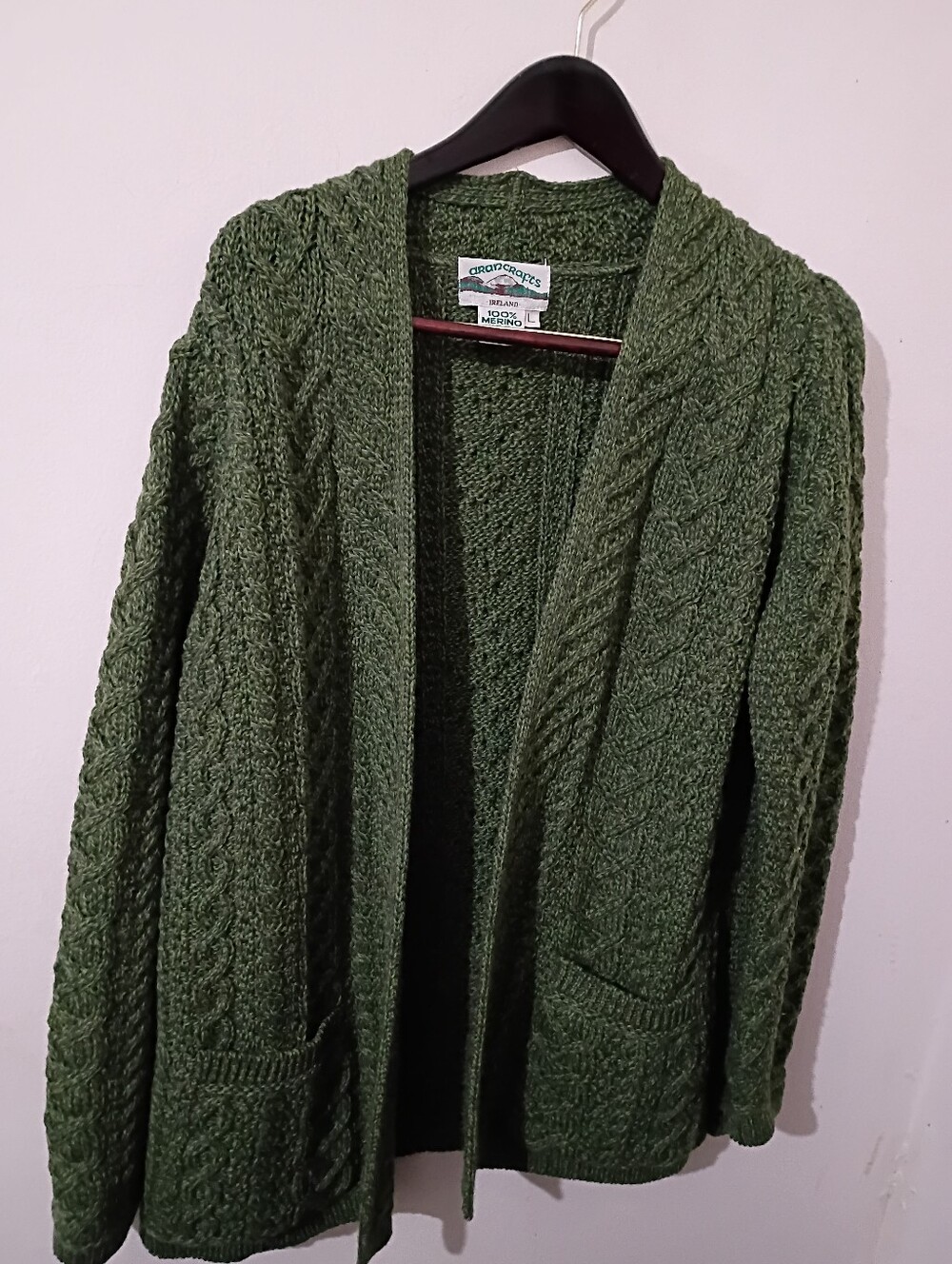 Aran Crafts Olive Green Merino Wool Cable Knit Cardigan